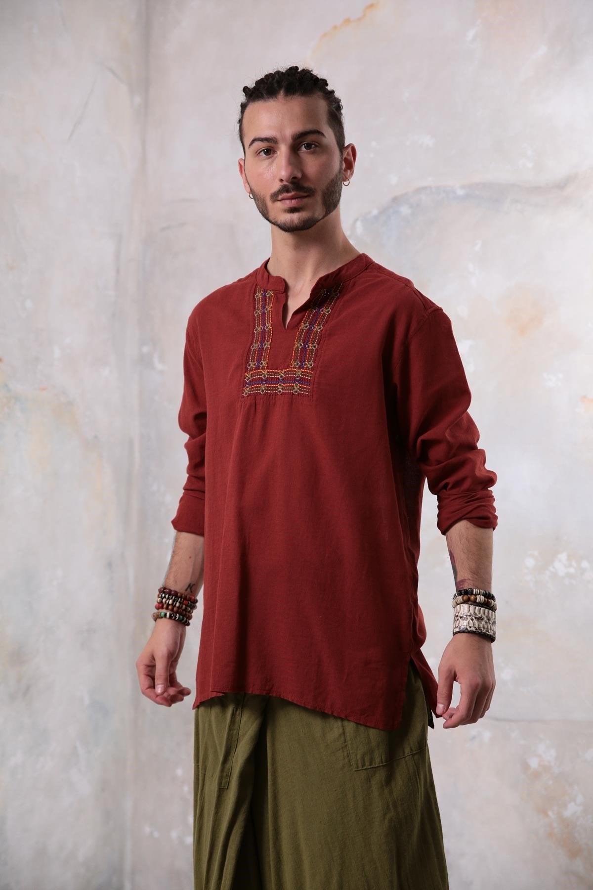 Burgundy Mandarin Collar Embroidery Detailed Cotton Men's Shirt