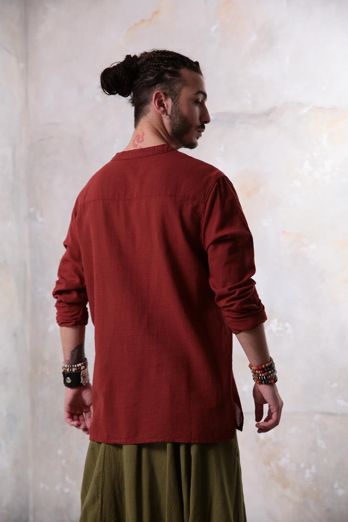 Burgundy Mandarin Collar Embroidery Detailed Cotton Men's Shirt