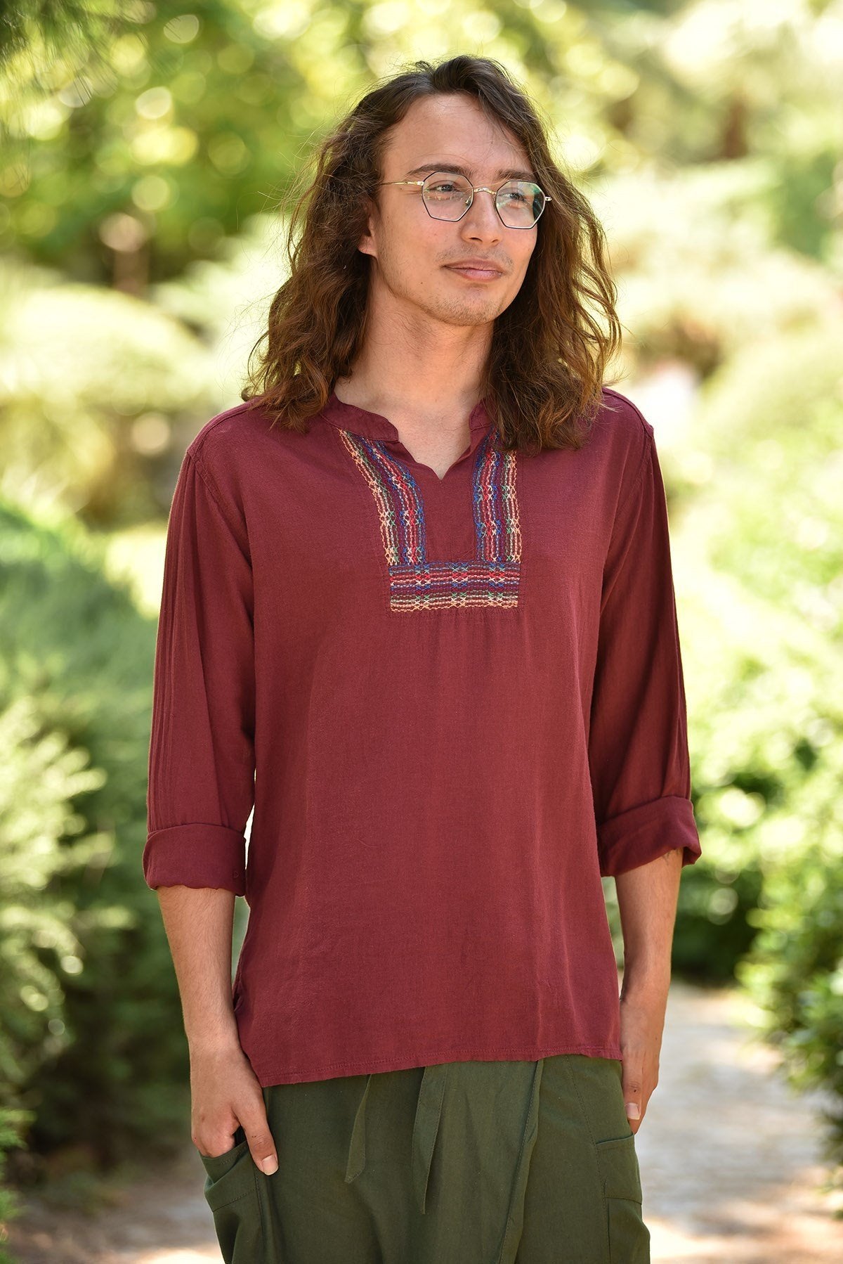 Burgundy Mandarin Collar Embroidery Detailed Cotton Men's Shirt