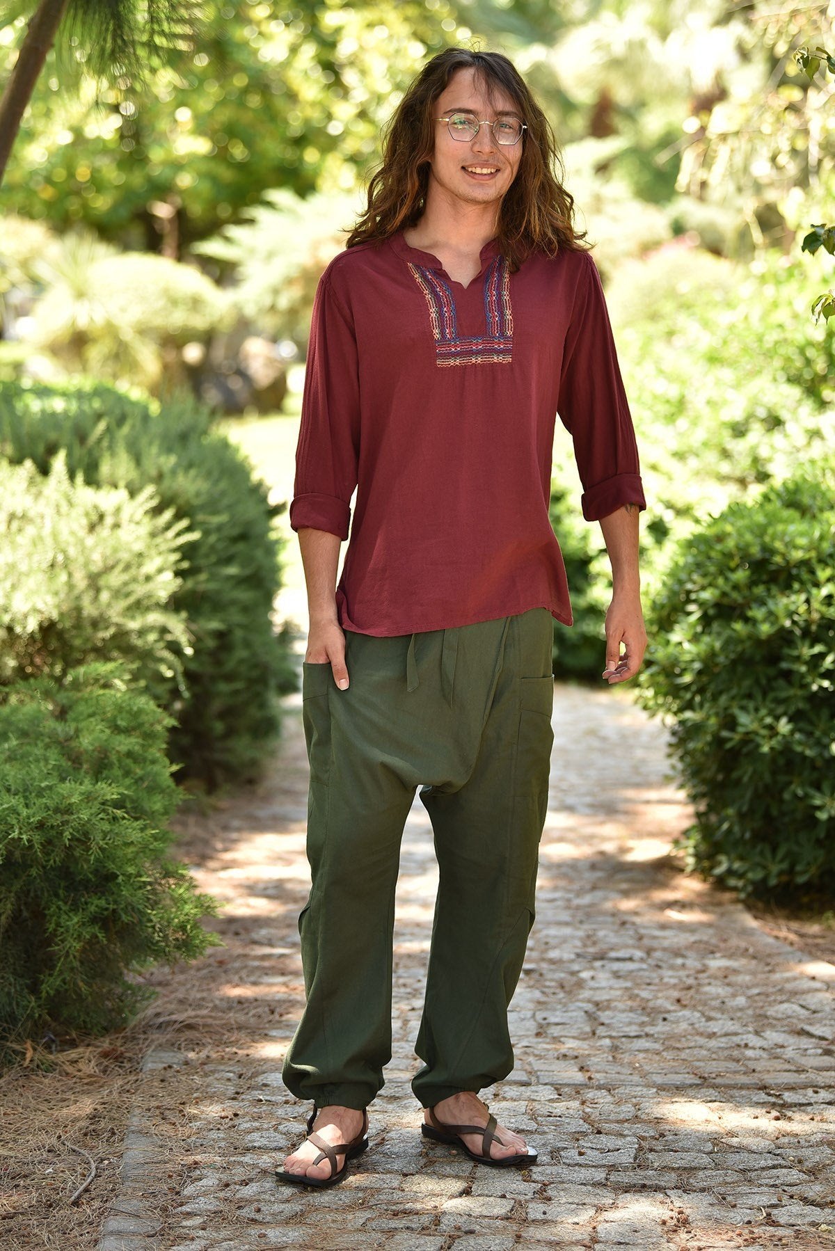 Burgundy Mandarin Collar Embroidery Detailed Cotton Men's Shirt