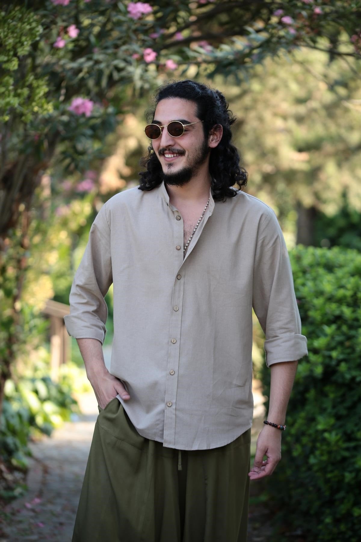 Camel Mandarin Collar Men's Shirt