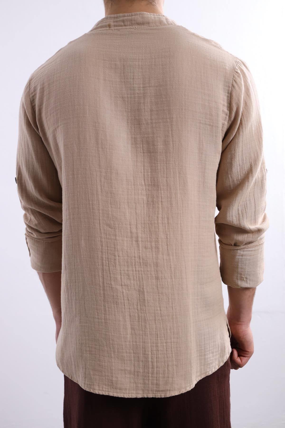 Camel-colored Mandarin Collar Cotton Shirt