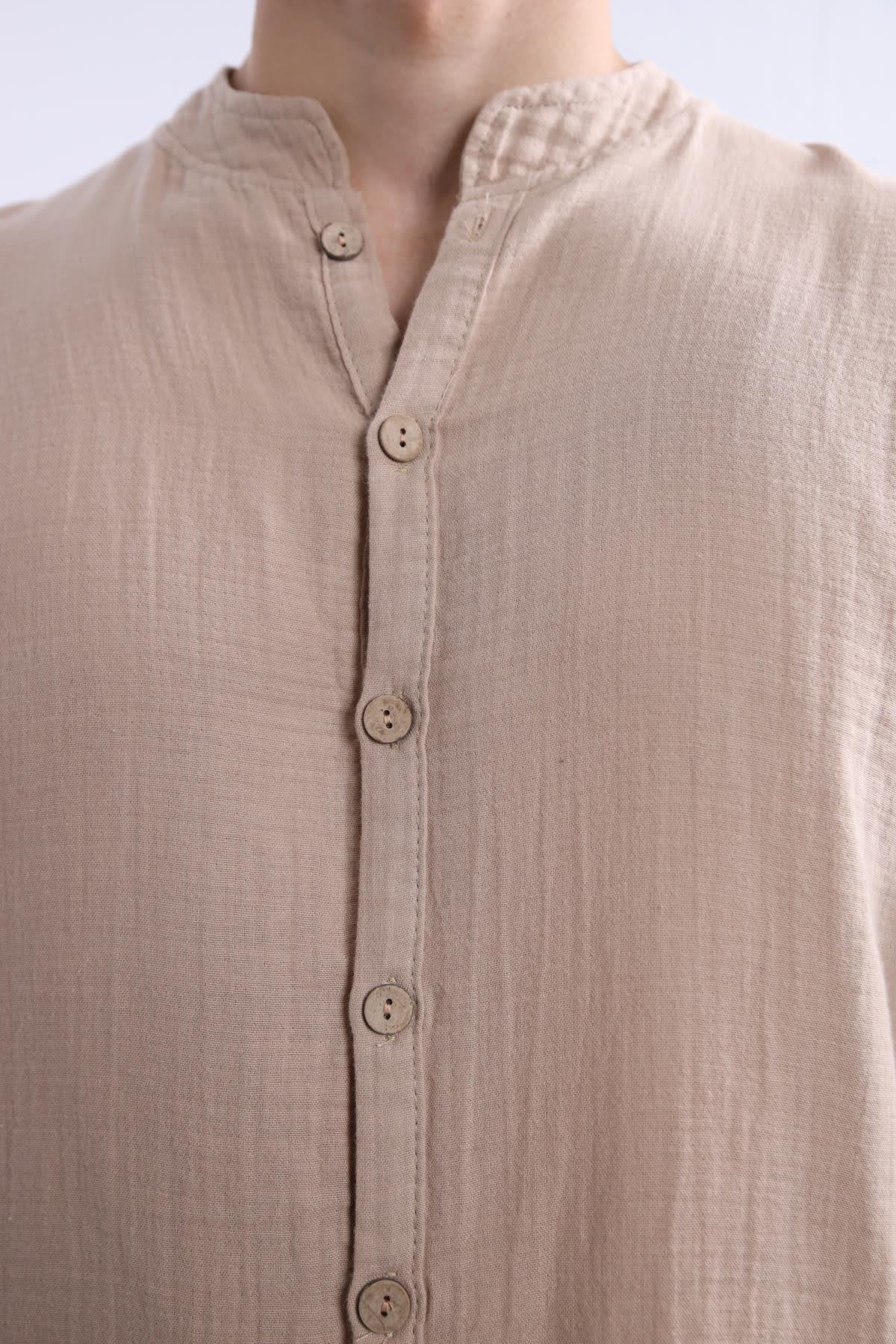Camel-colored Mandarin Collar Cotton Shirt