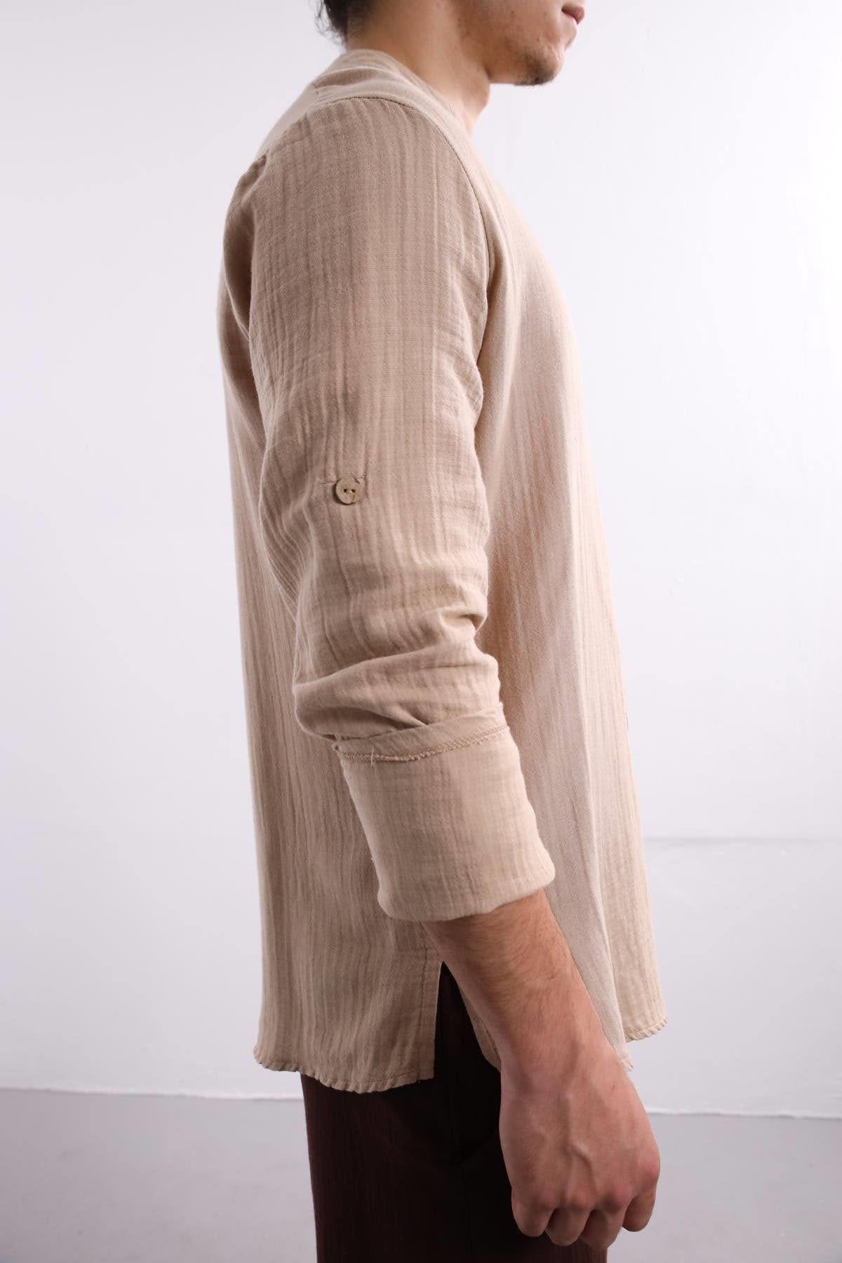 Camel-colored Mandarin Collar Cotton Shirt