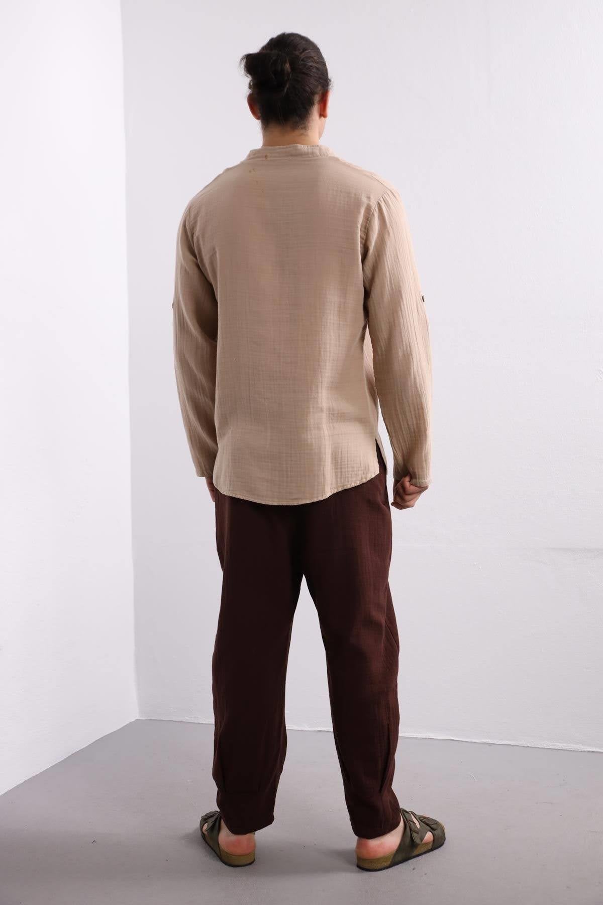 Camel-colored Mandarin Collar Cotton Shirt