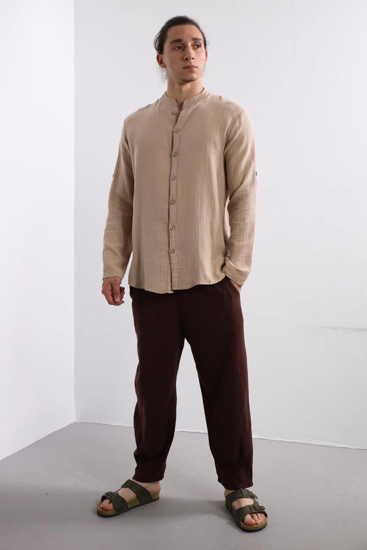 Camel-colored Mandarin Collar Cotton Shirt
