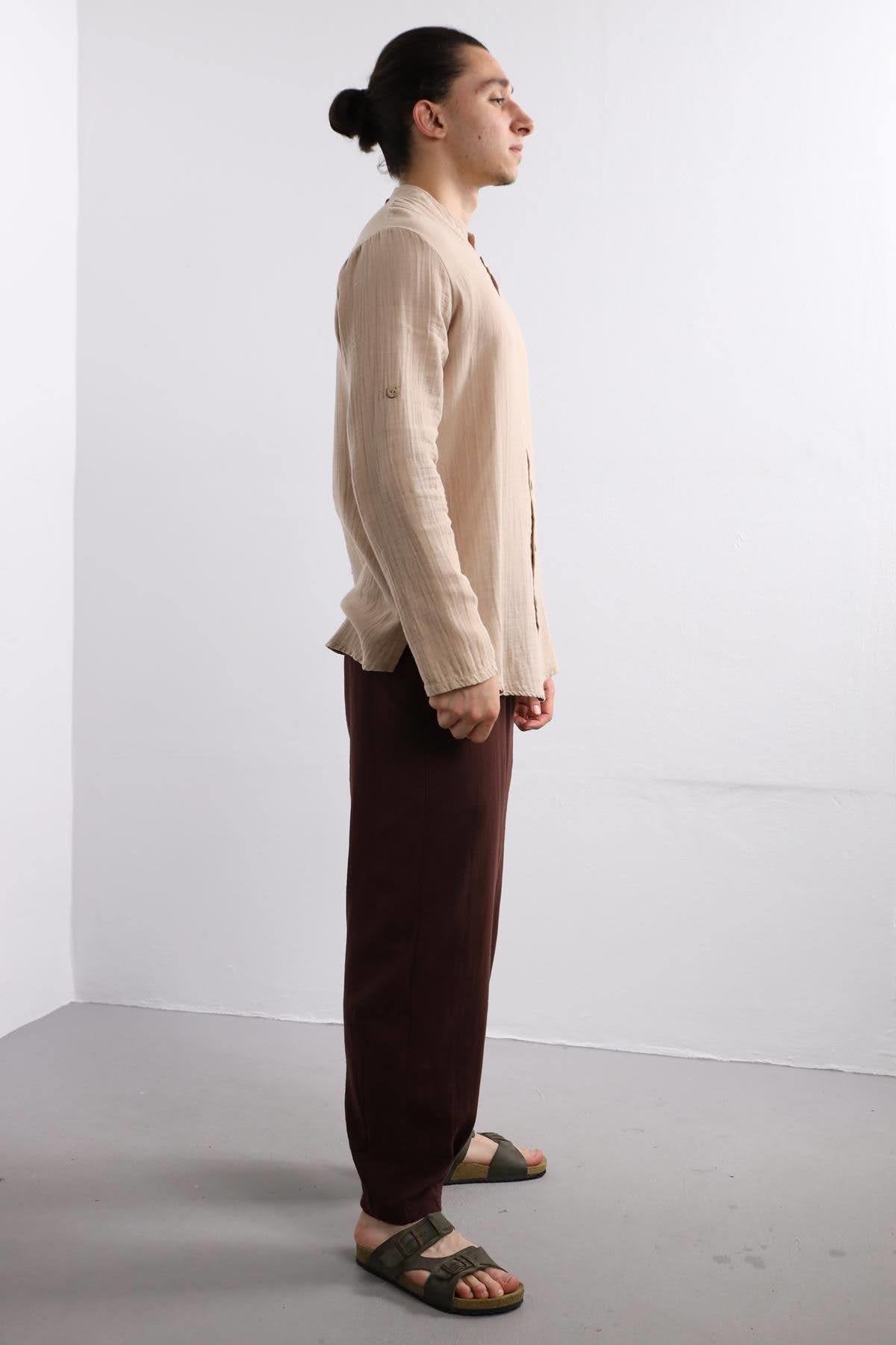 Camel-colored Mandarin Collar Cotton Shirt