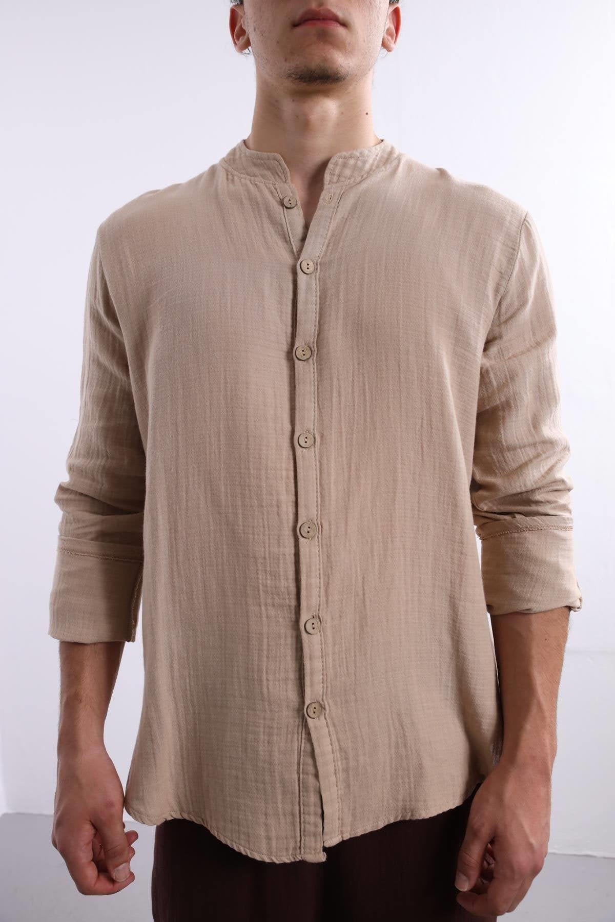 Camel-colored Mandarin Collar Cotton Shirt