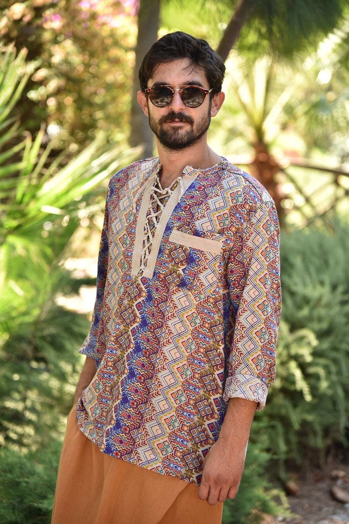 Grey Patterned Bohemian Men's Shirt with Lace-Up Collar
