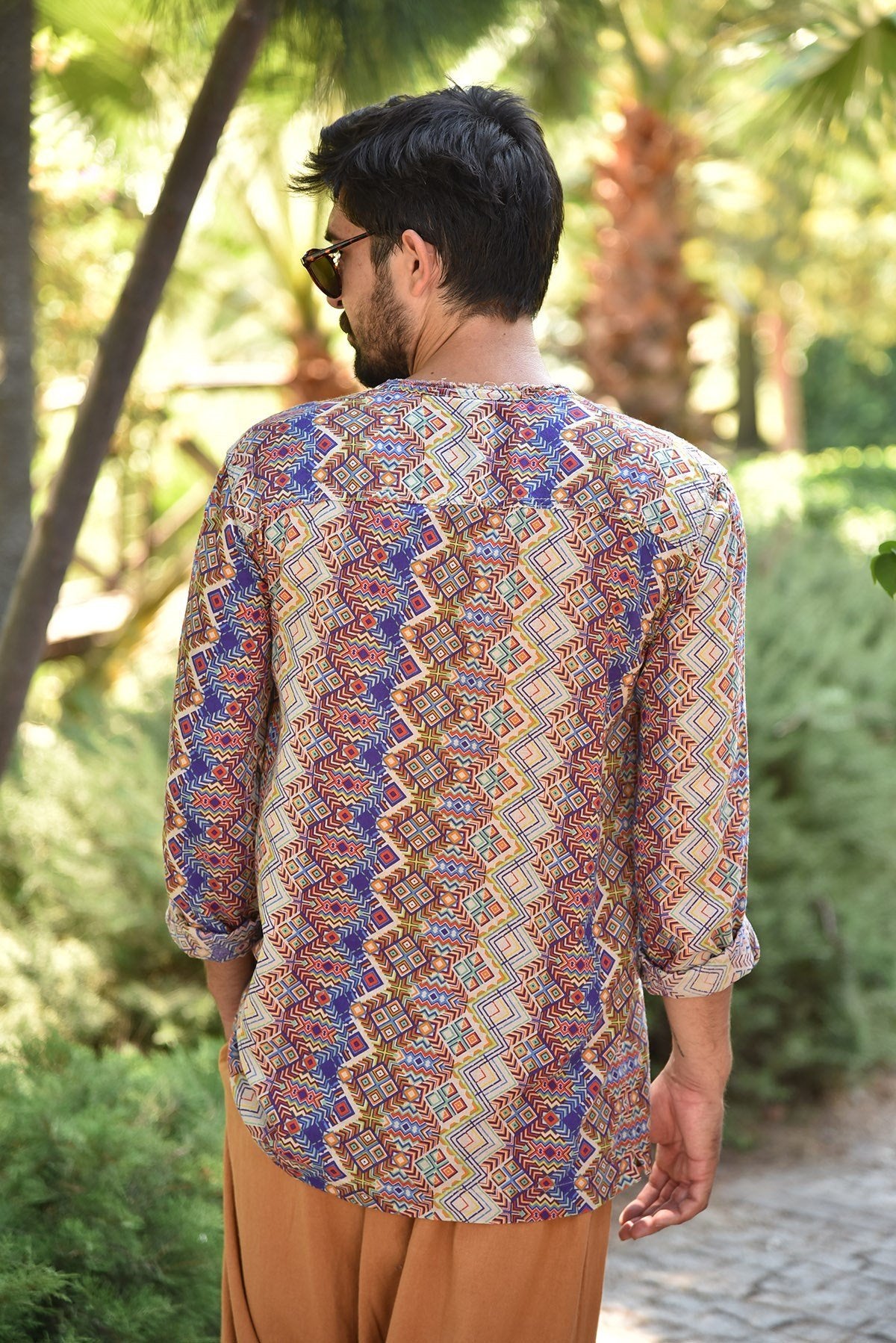 Grey Patterned Bohemian Men's Shirt with Lace-Up Collar