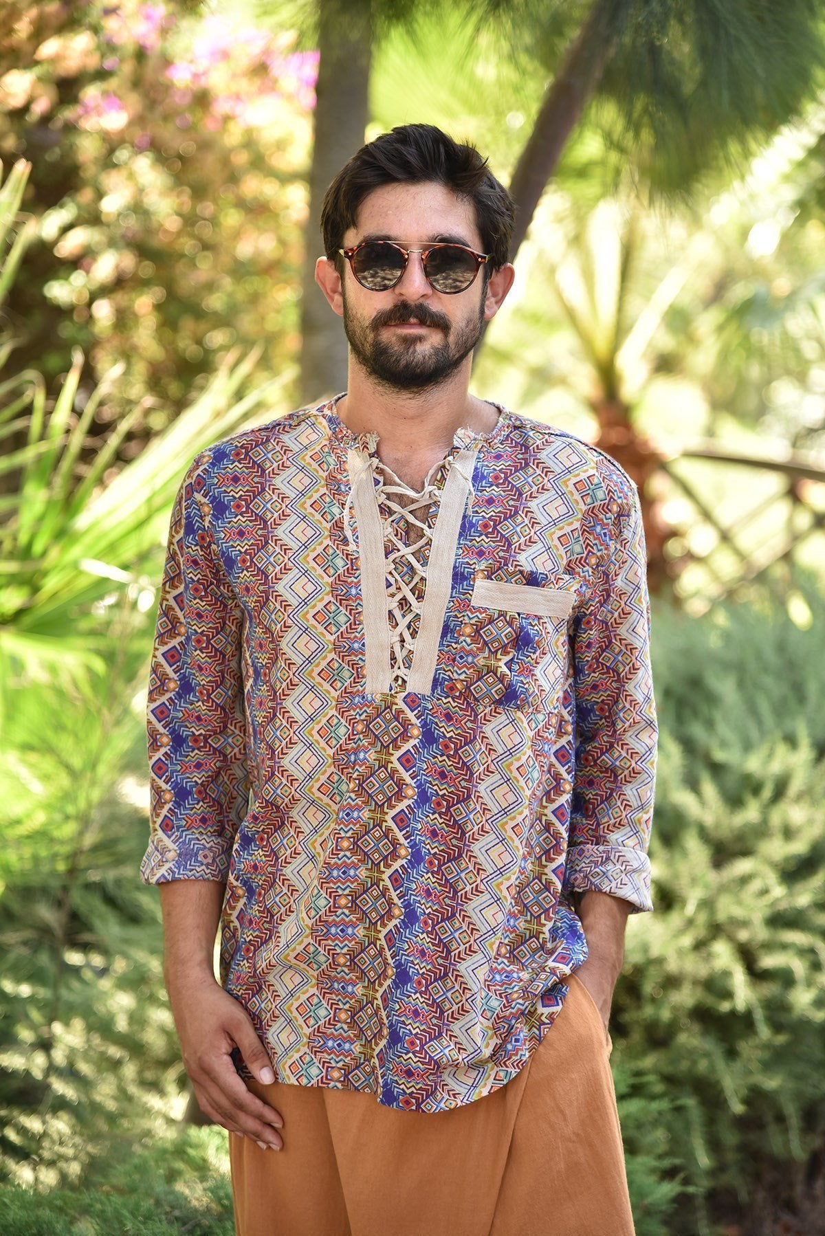 Grey Patterned Bohemian Men's Shirt with Lace-Up Collar