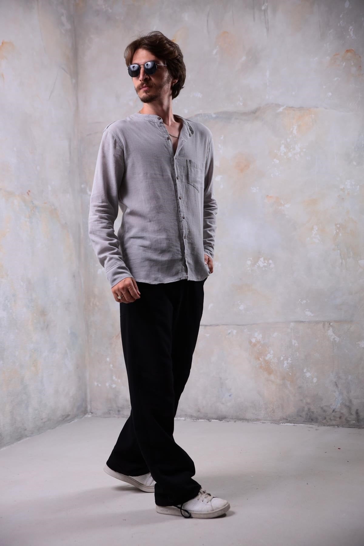 Grey Mandarin Collar Interlining Shirt