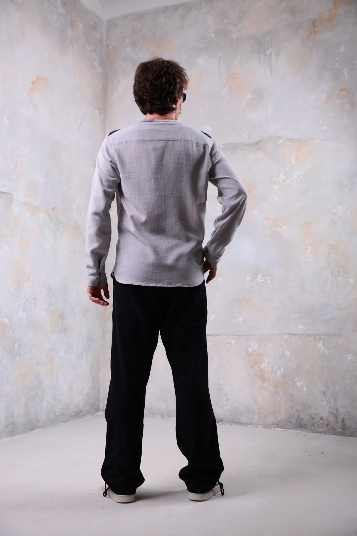 Grey Mandarin Collar Interlining Shirt