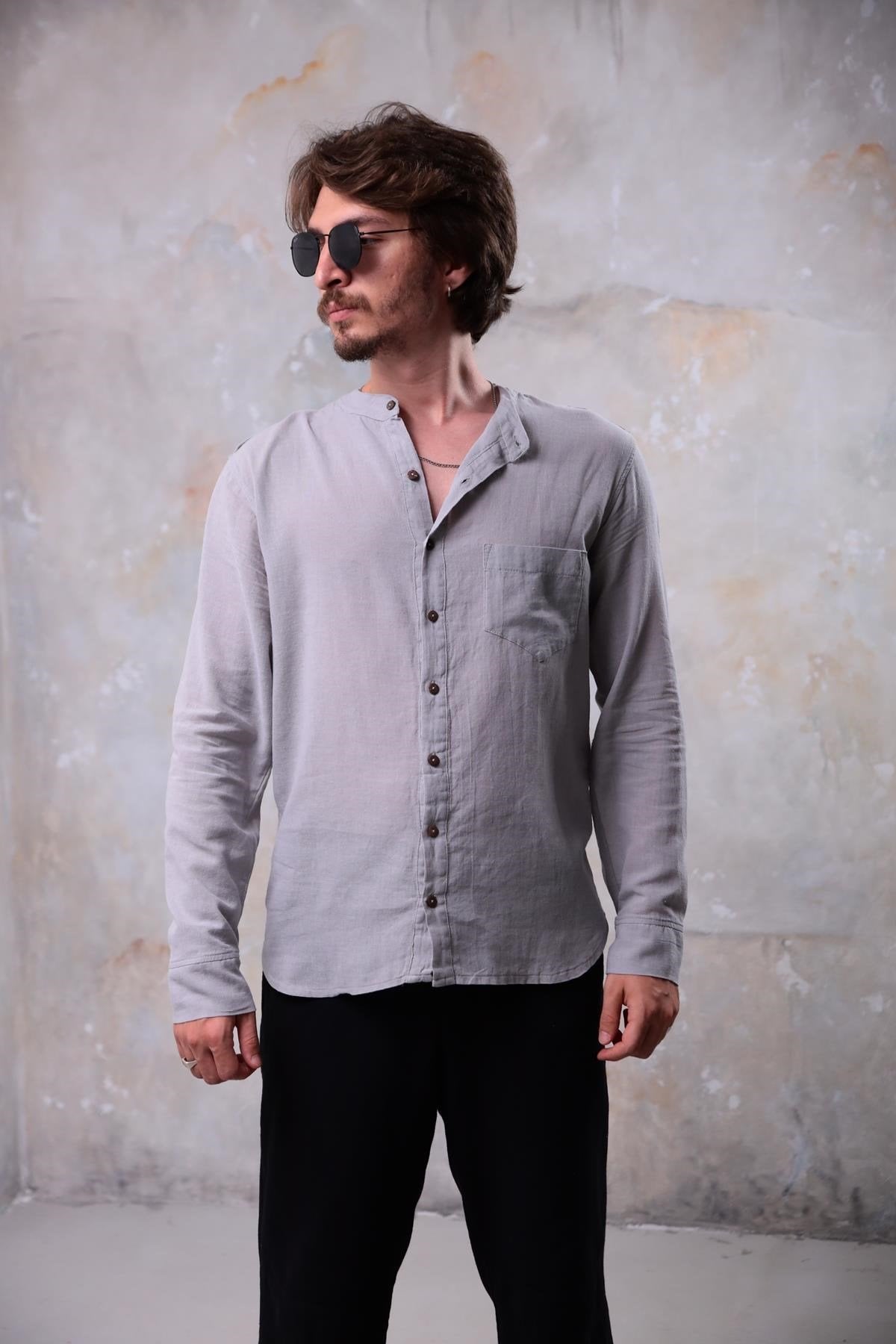 Grey Mandarin Collar Interlining Shirt