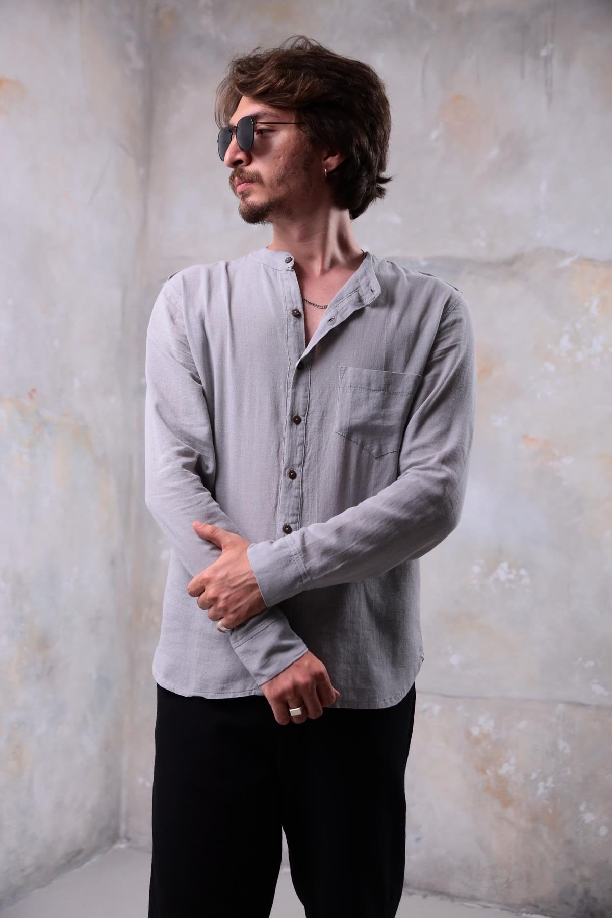 Grey Mandarin Collar Interlining Shirt