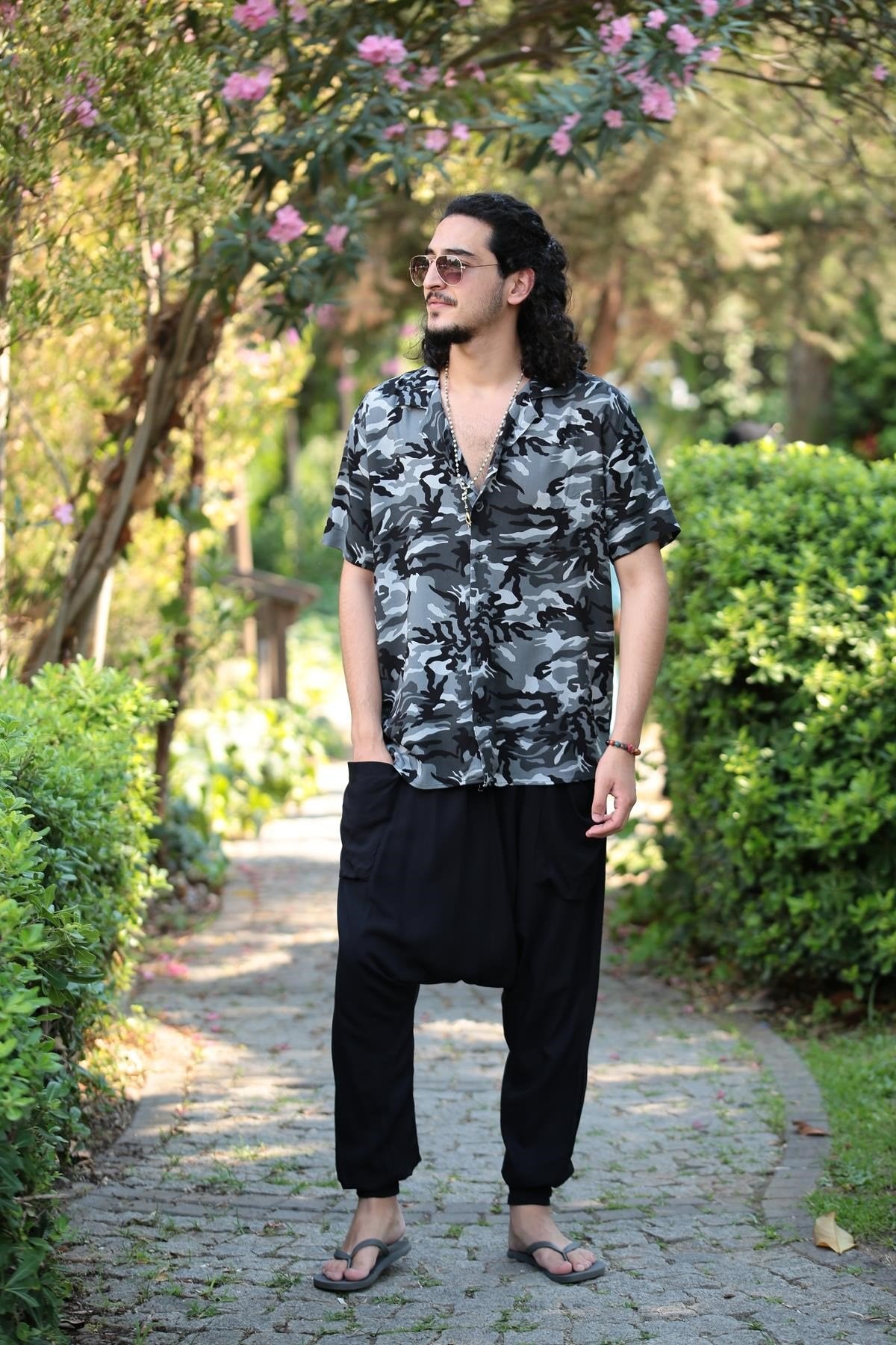 Grey Camouflage Patterned Collared Shirt