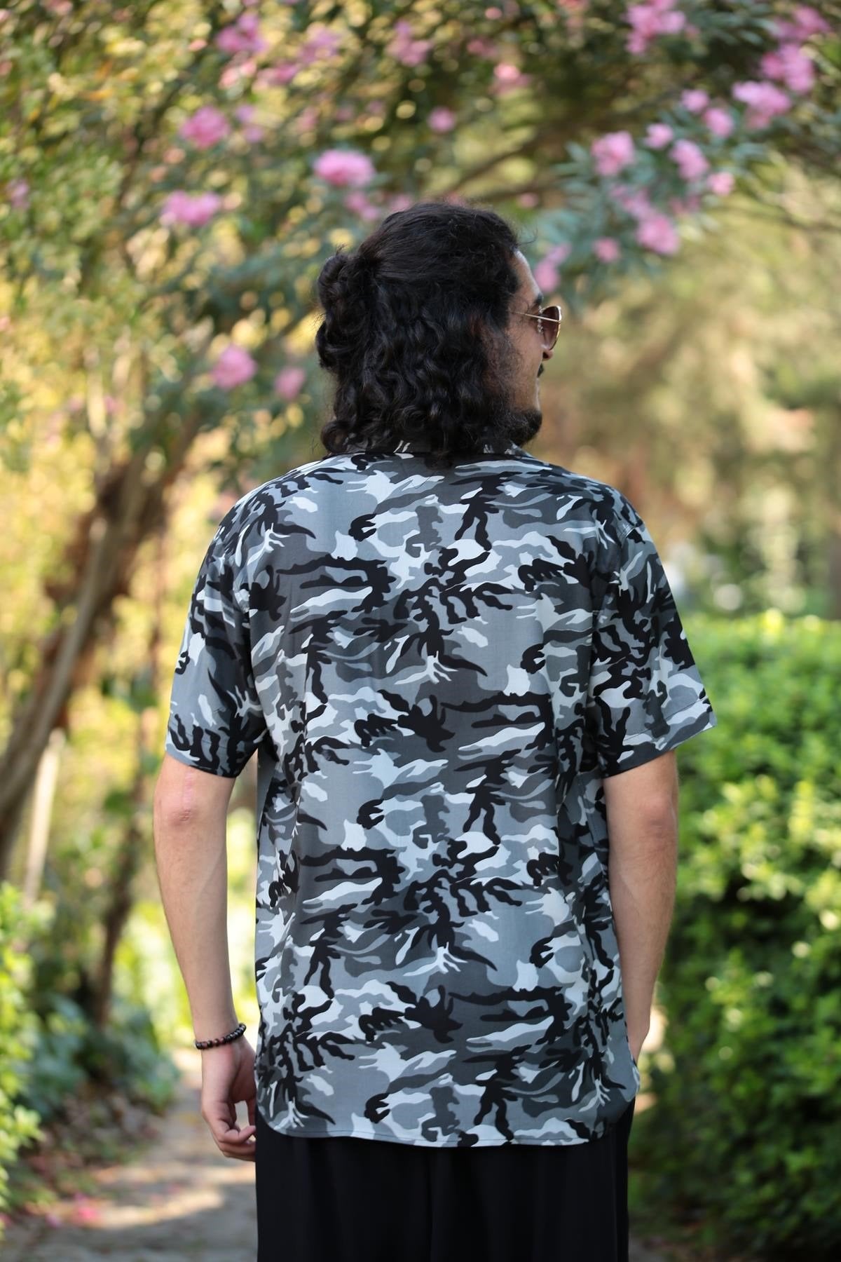 Grey Camouflage Patterned Collared Shirt