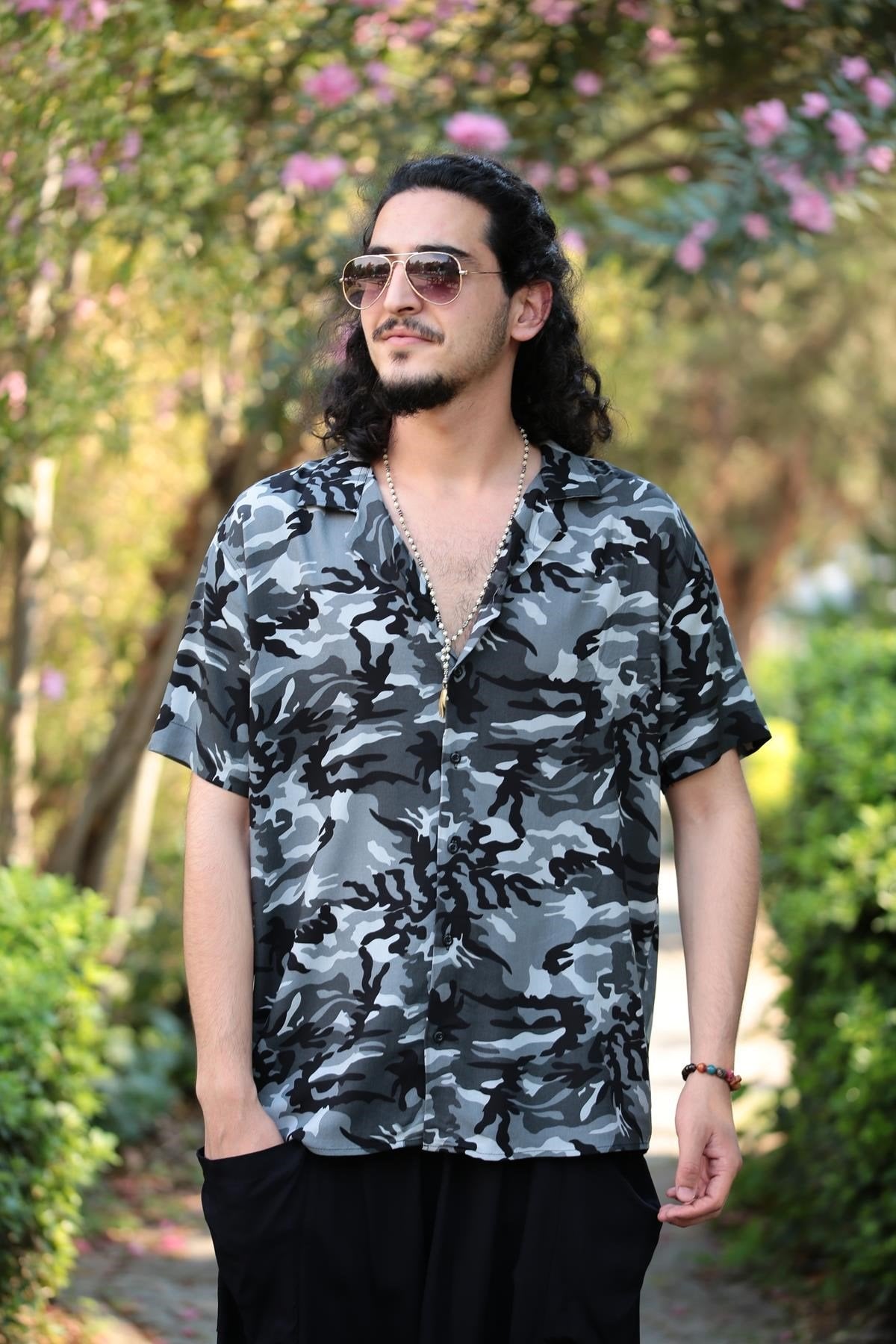 Grey Camouflage Patterned Collared Shirt