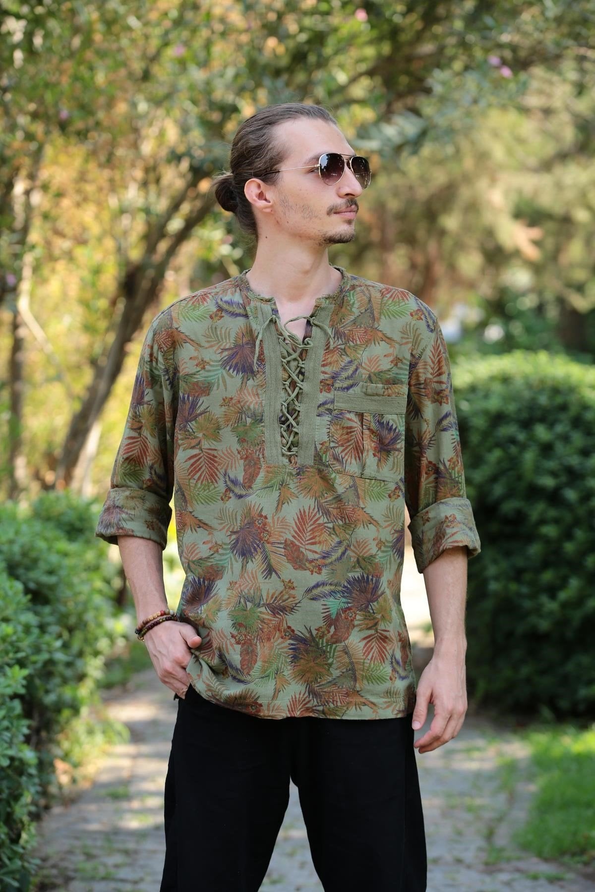 Khaki Patterned Bohemian Men's Shirt with Lace-Up Collar