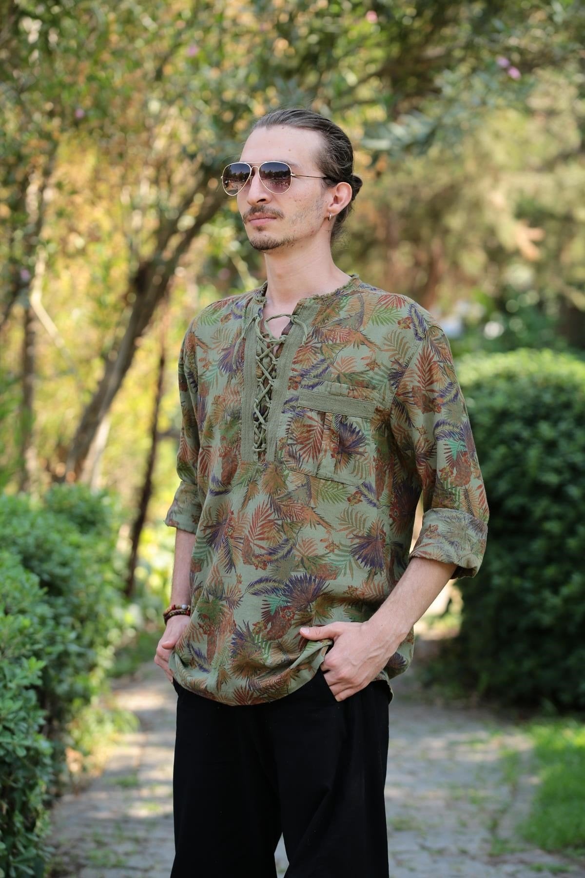 Khaki Patterned Bohemian Men's Shirt with Lace-Up Collar