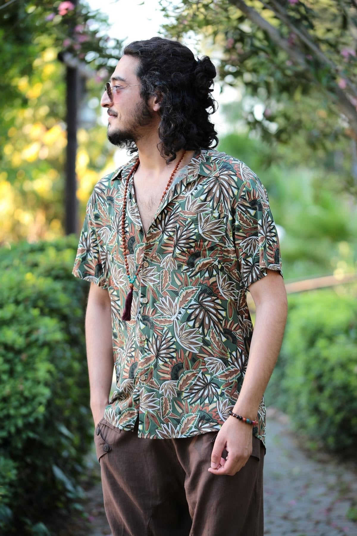 Khaki Ethnic Pattern Classic Collar Shirt