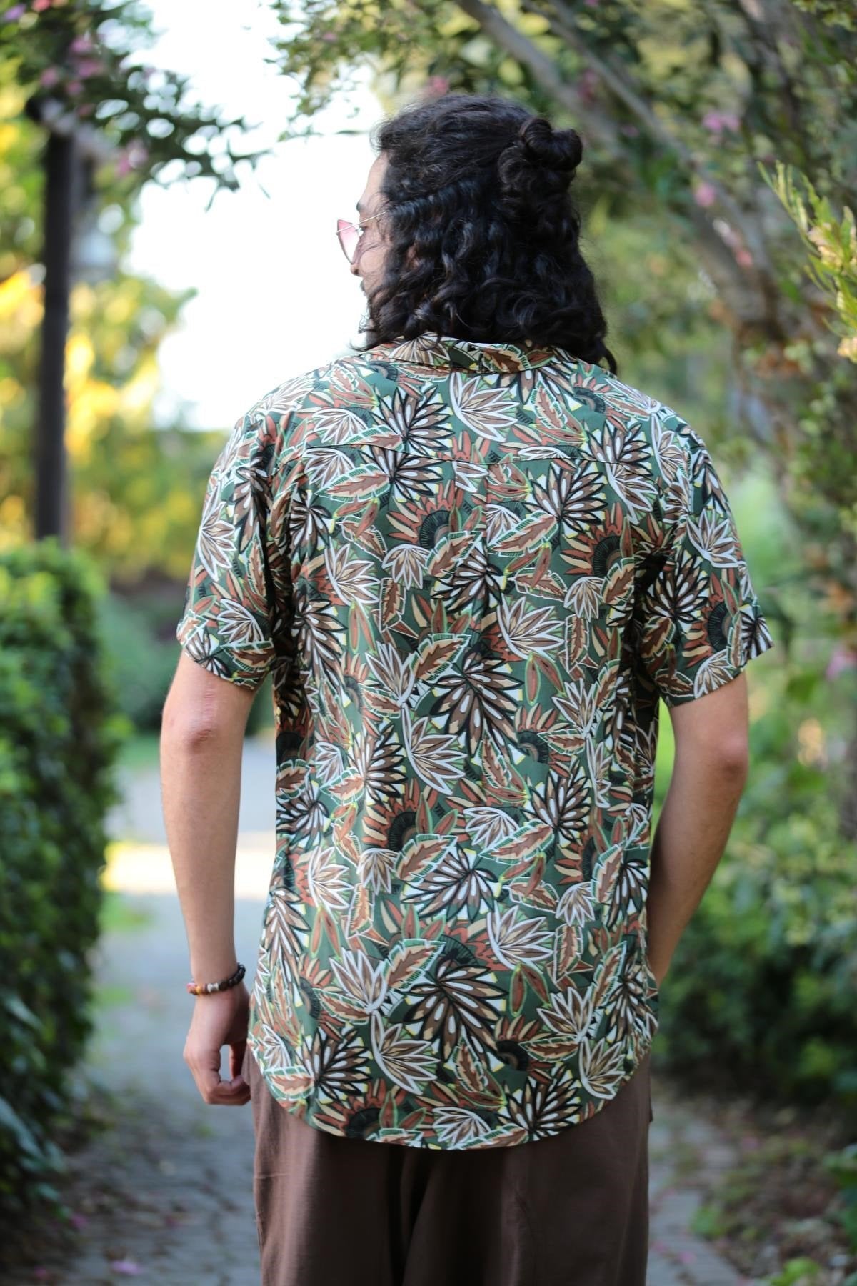 Khaki Ethnic Pattern Classic Collar Shirt