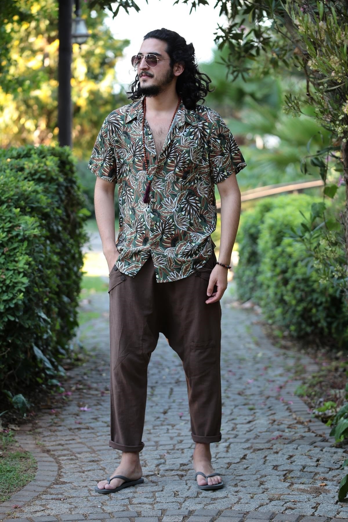 Khaki Ethnic Pattern Classic Collar Shirt