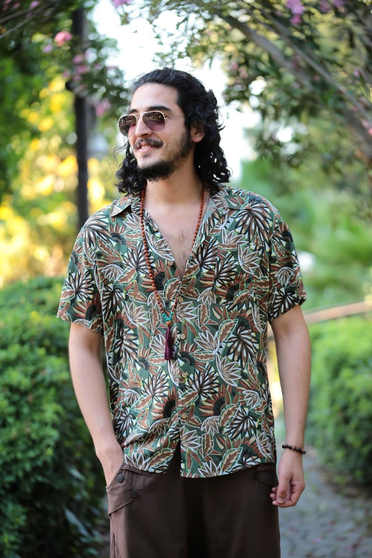 Khaki Ethnic Pattern Classic Collar Shirt