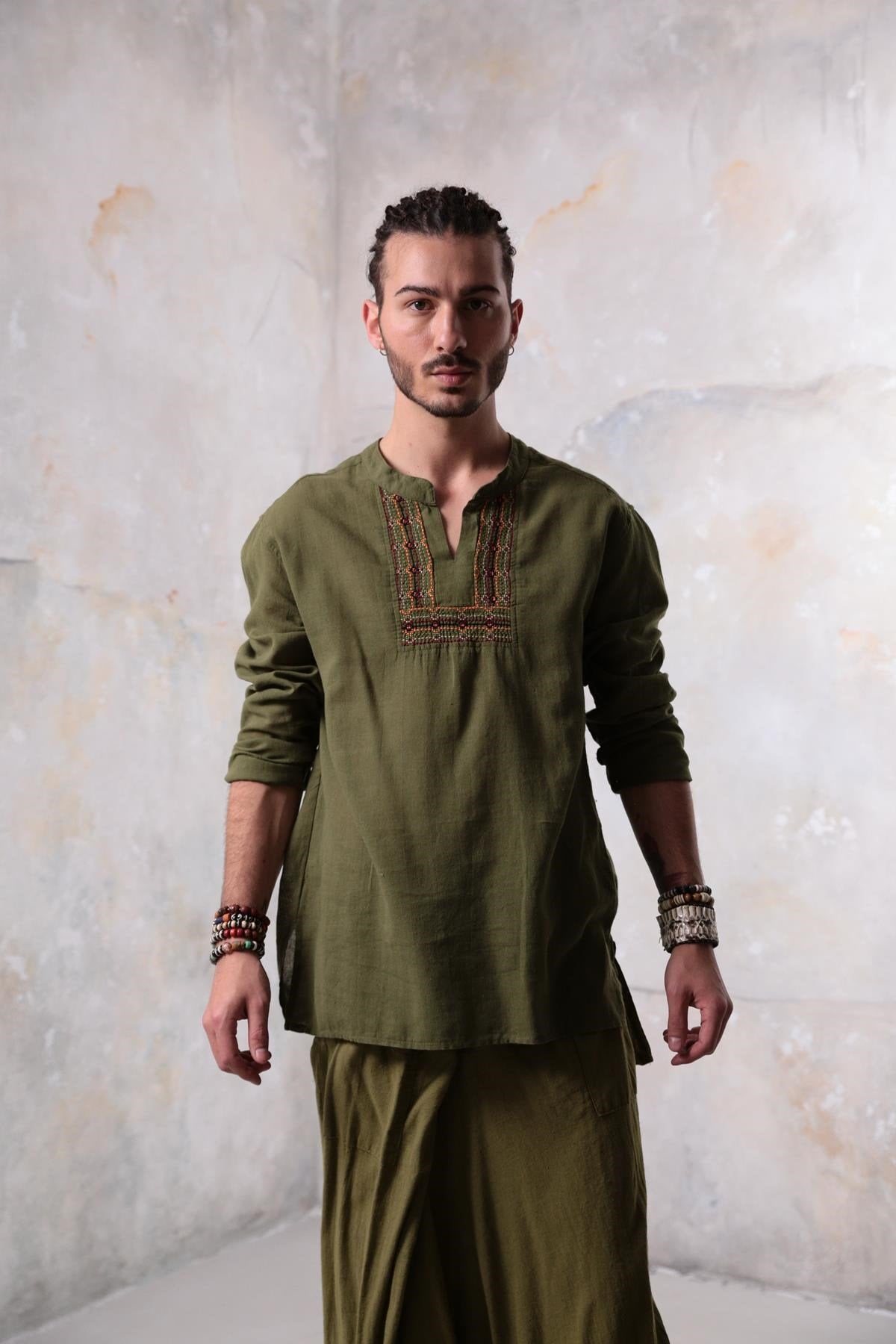 Khaki Mandarin Collar Men's Shirt with Embroidered Detail