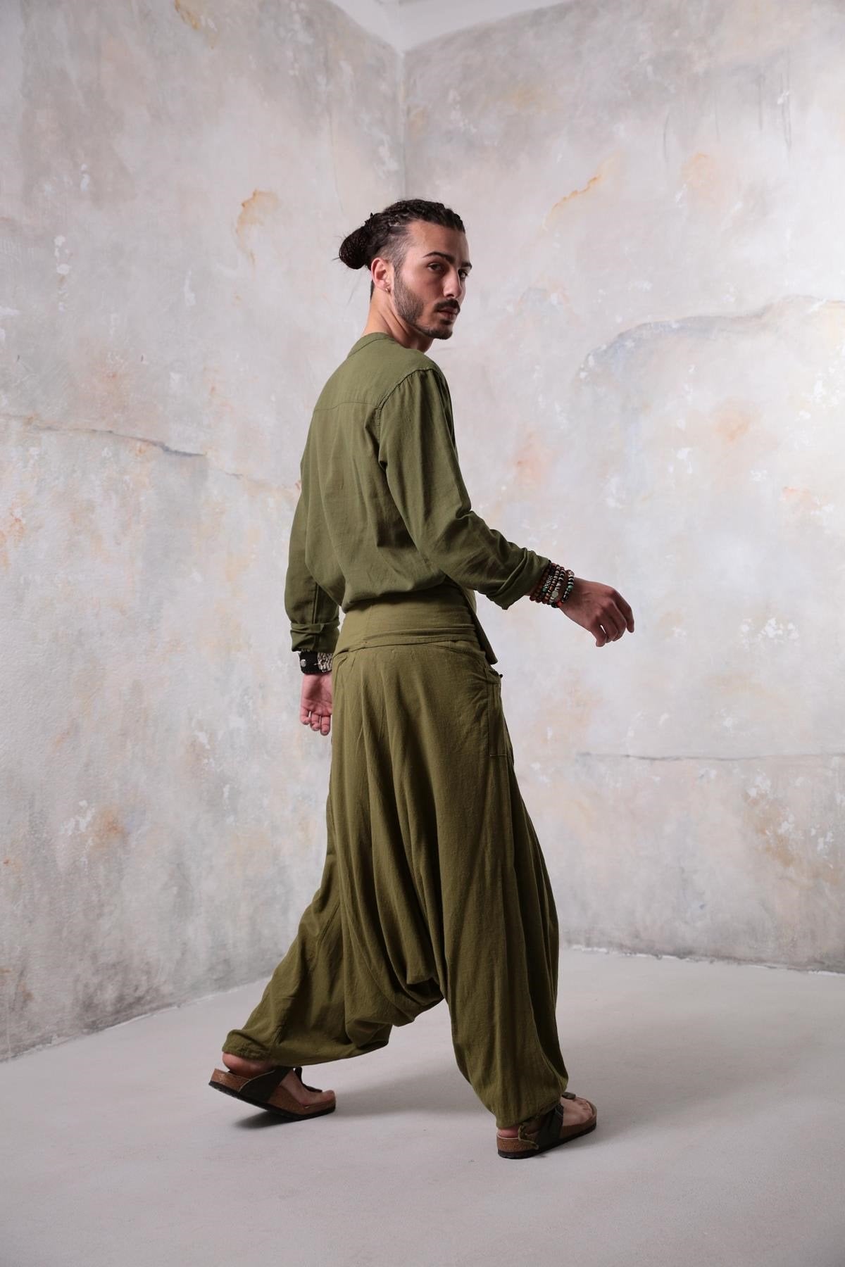 Khaki Mandarin Collar Men's Shirt with Embroidered Detail