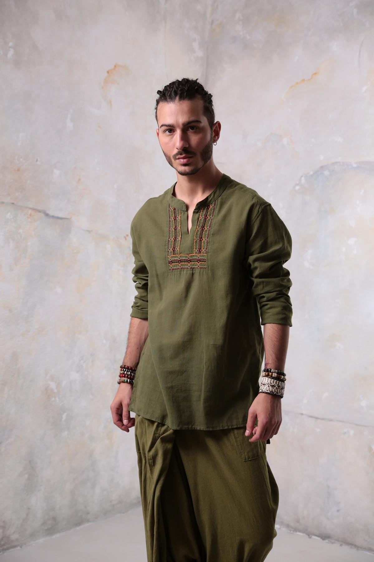 Khaki Mandarin Collar Men's Shirt with Embroidered Detail