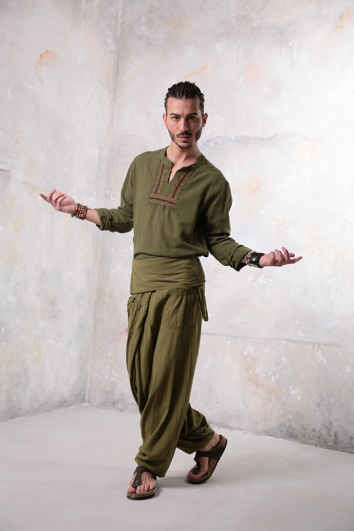 Khaki Mandarin Collar Men's Shirt with Embroidered Detail