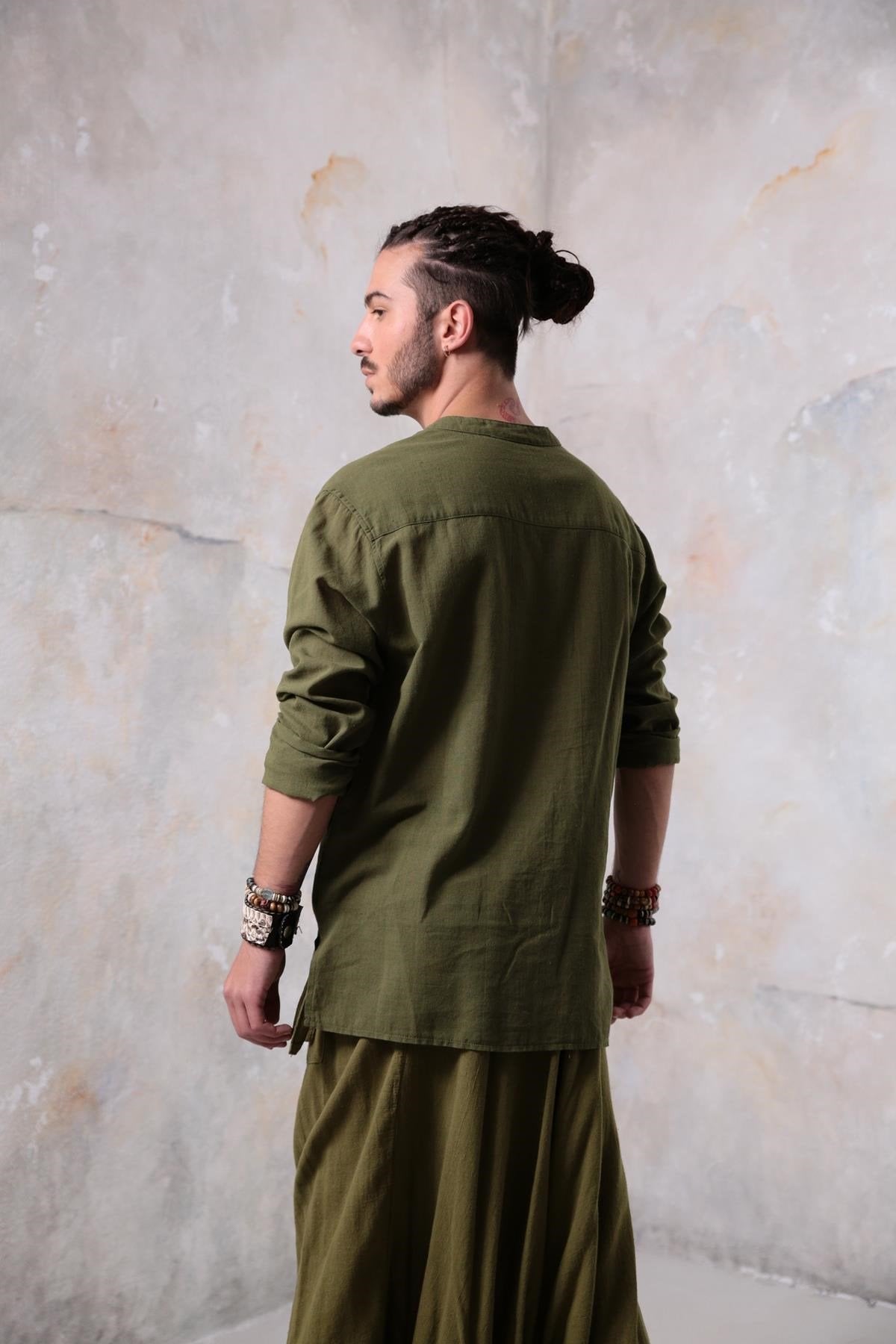 Khaki Mandarin Collar Men's Shirt with Embroidered Detail