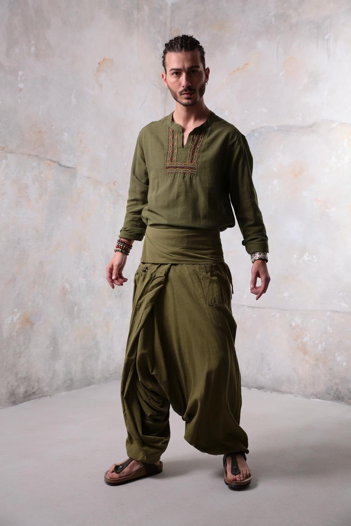 Khaki Mandarin Collar Men's Shirt with Embroidered Detail