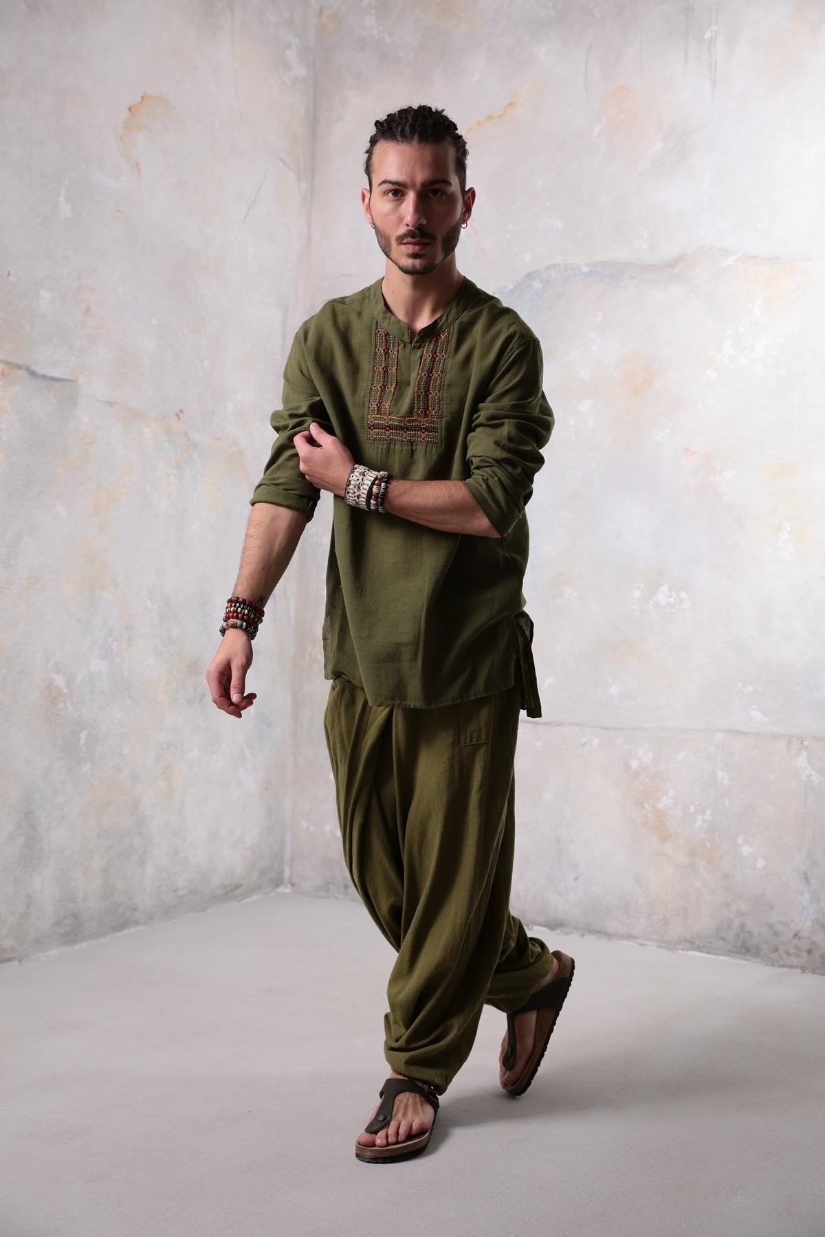 Khaki Mandarin Collar Men's Shirt with Embroidered Detail