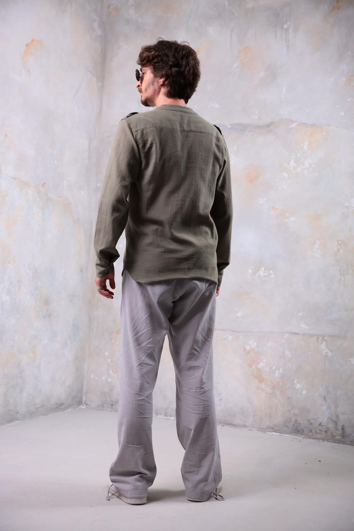 Khaki Mandarin Collar Interlining Shirt