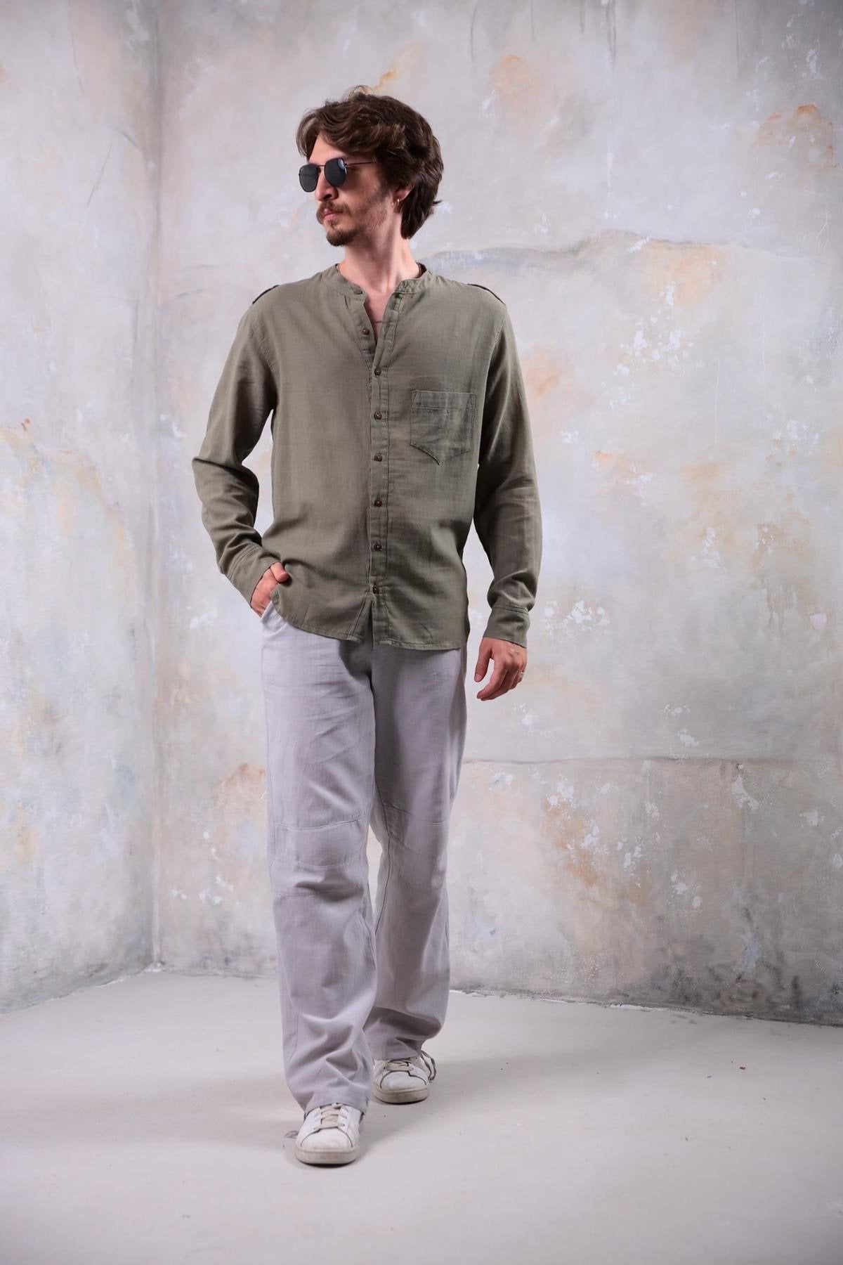Khaki Mandarin Collar Interlining Shirt
