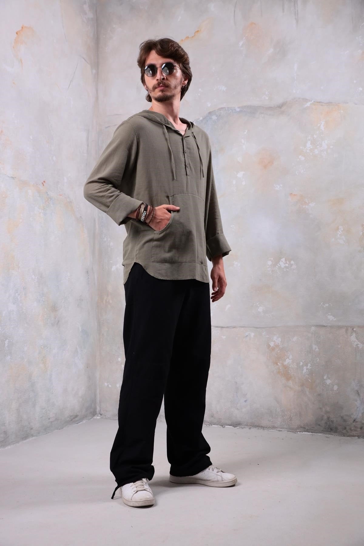 Khaki Kangaroo Pocket Hooded Shirt