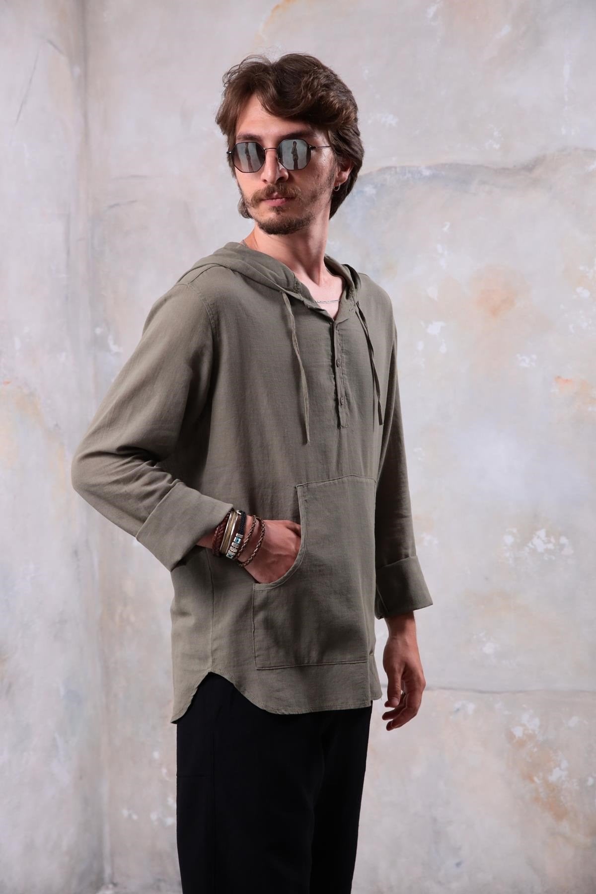 Khaki Kangaroo Pocket Hooded Shirt