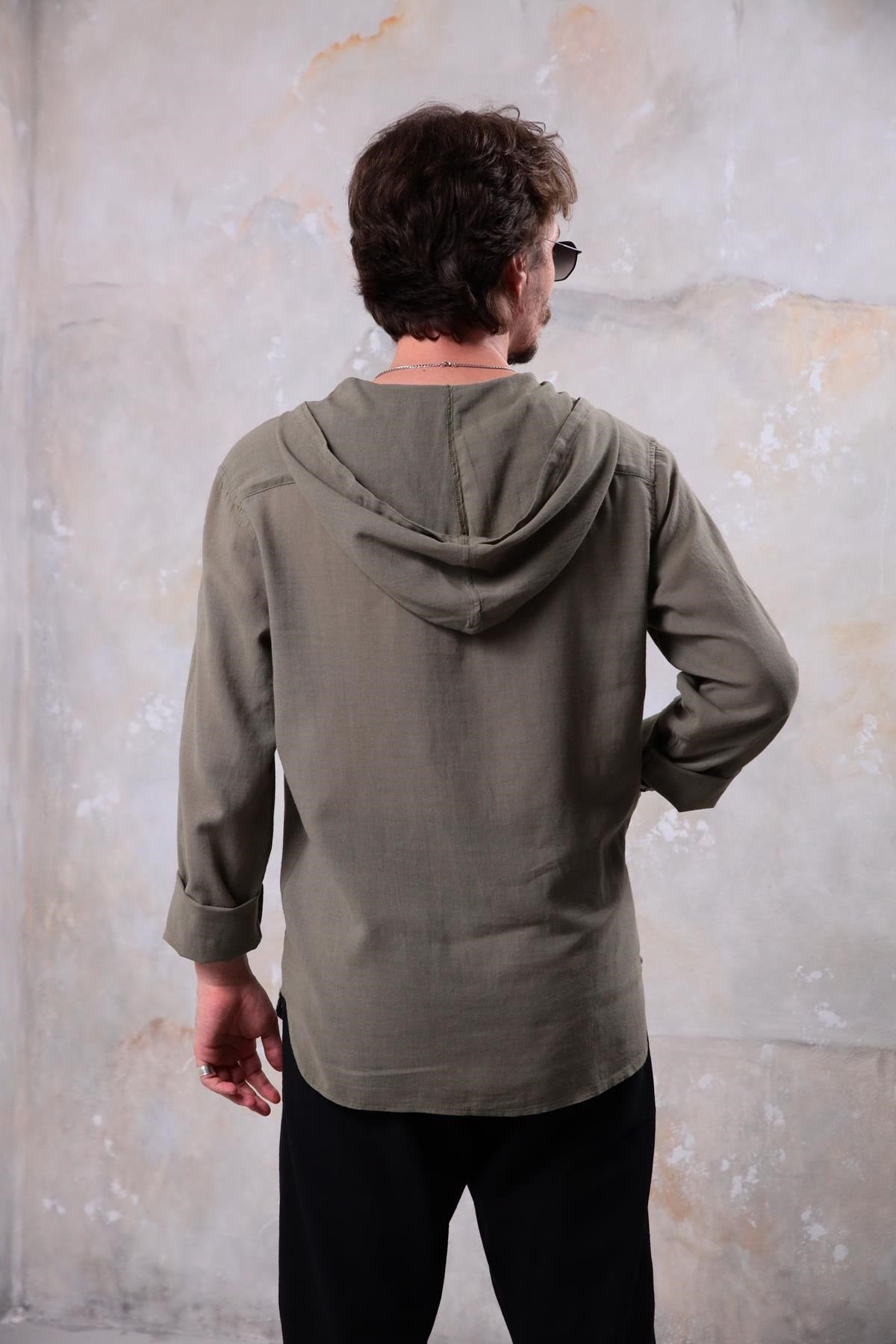 Khaki Kangaroo Pocket Hooded Shirt