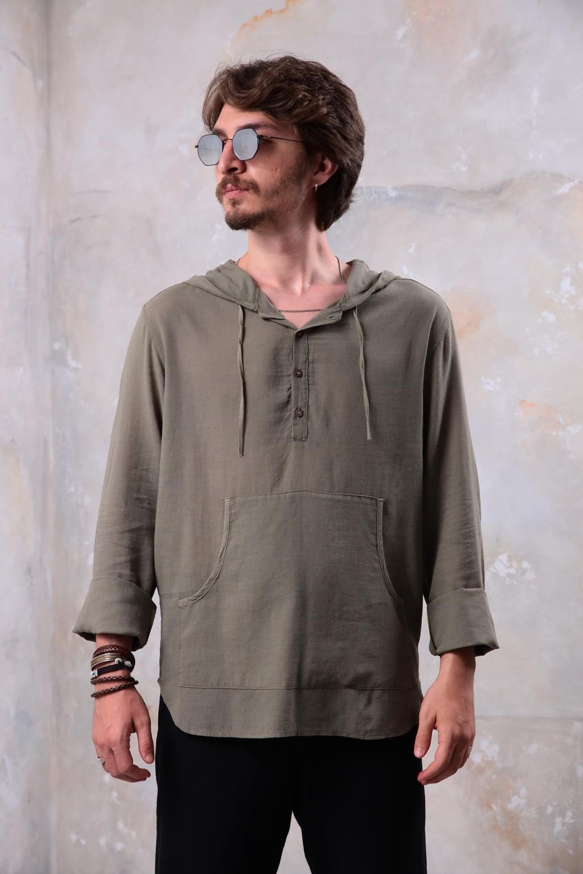 Khaki Kangaroo Pocket Hooded Shirt