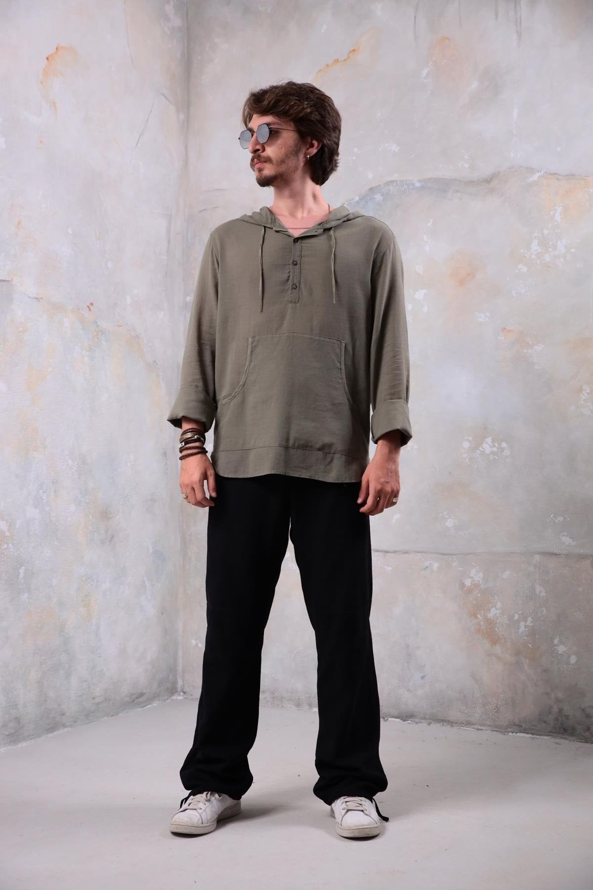 Khaki Kangaroo Pocket Hooded Shirt