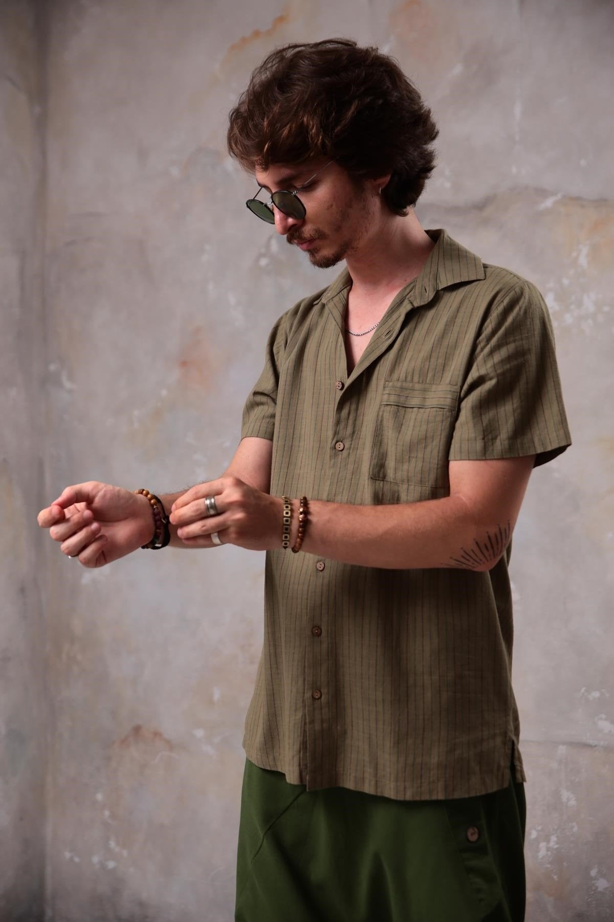Khaki Relaxed Fit Striped Shirt
