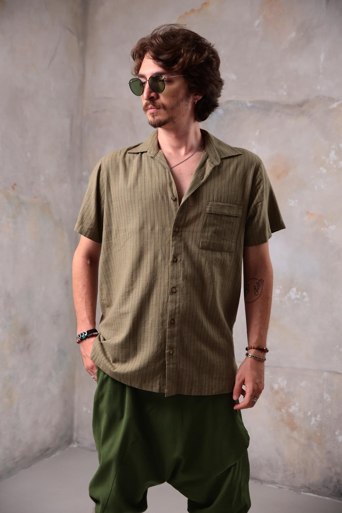 Khaki Relaxed Fit Striped Shirt