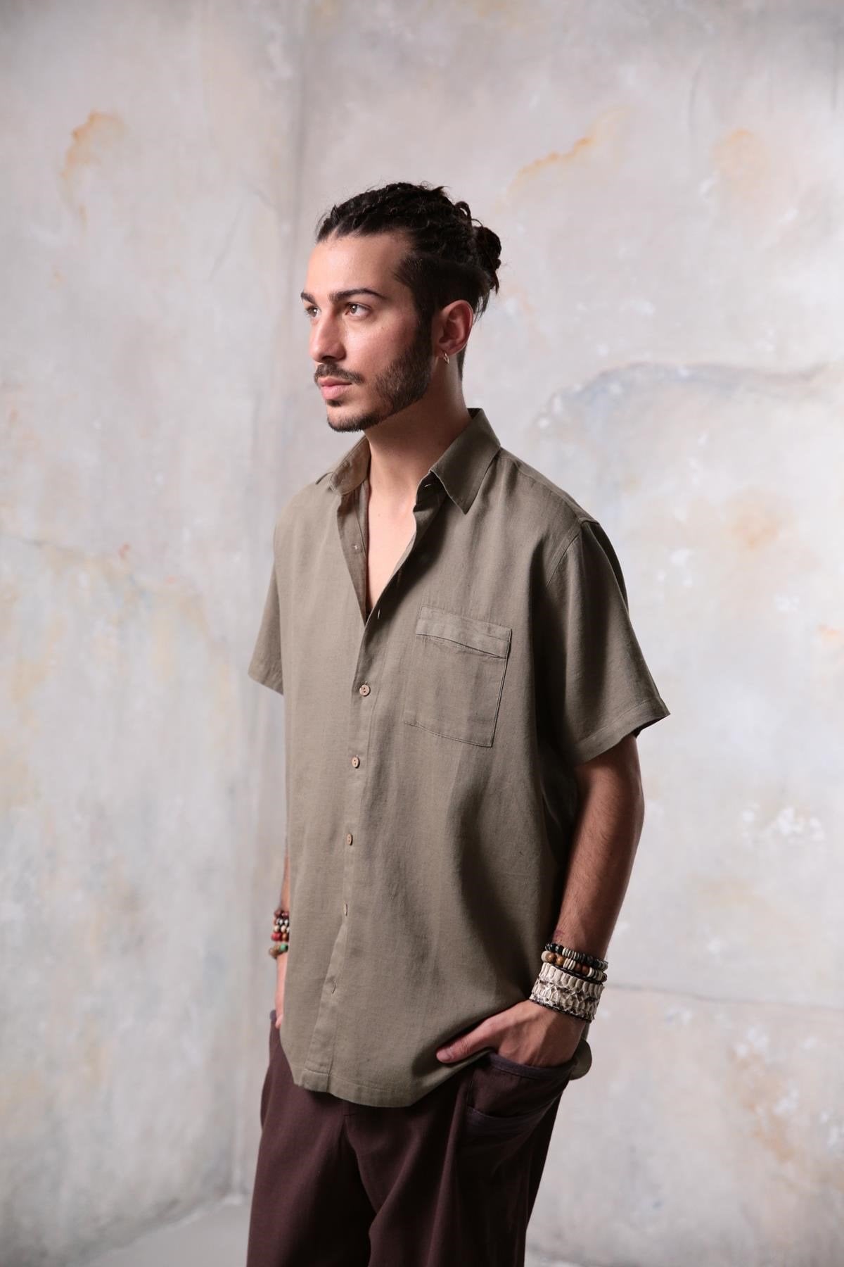 Khaki Relaxed Fit Short-Sleeve Men's Shirt