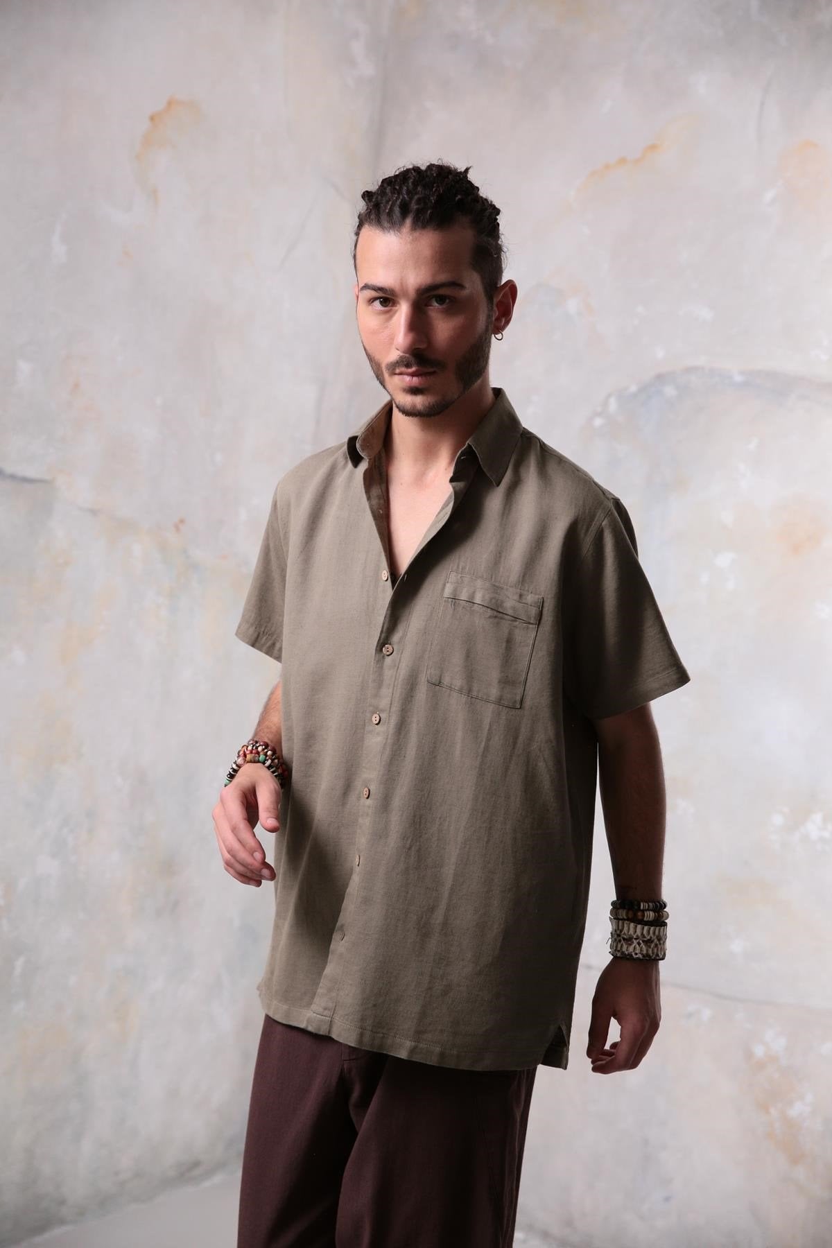 Khaki Relaxed Fit Short-Sleeve Men's Shirt