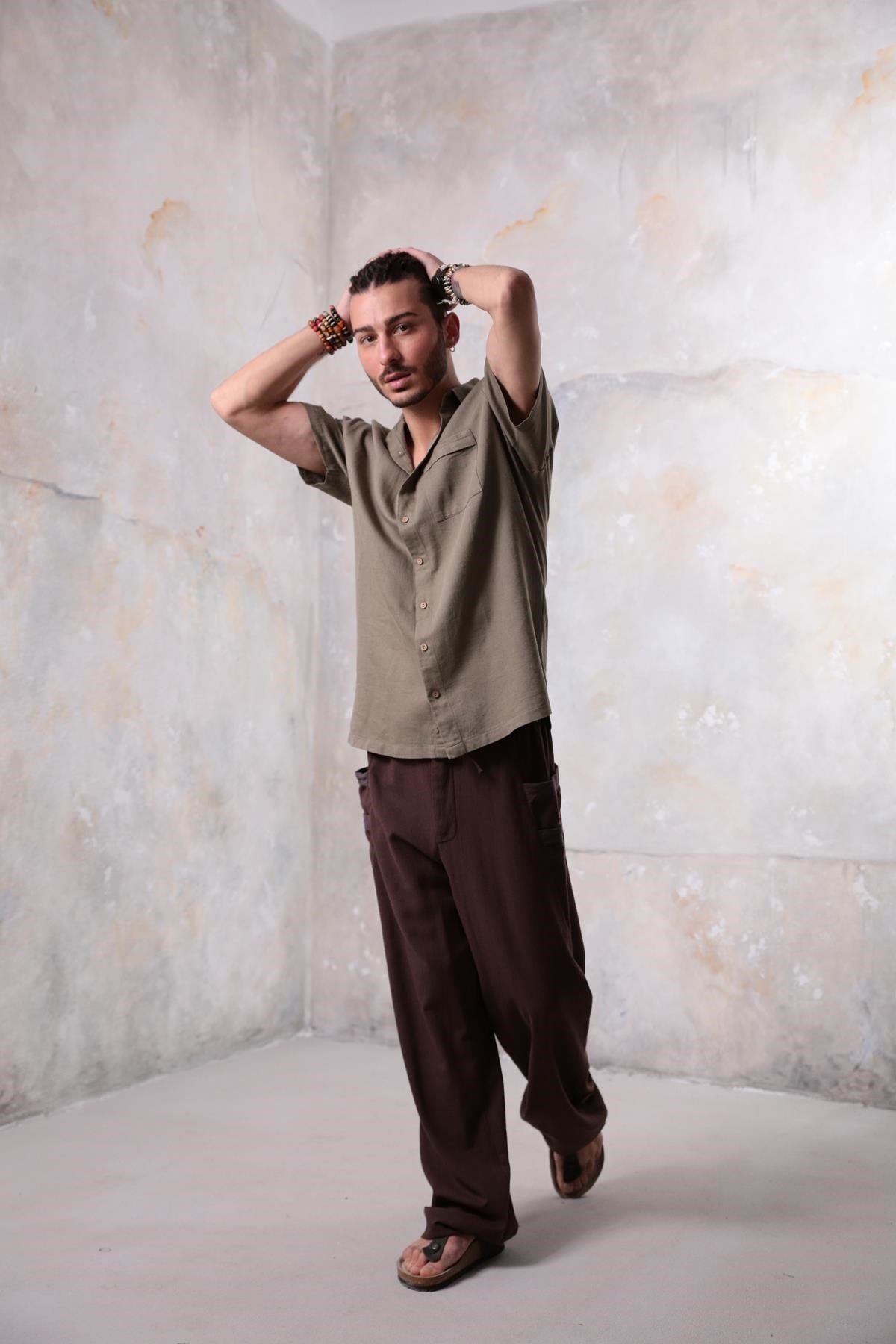 Khaki Relaxed Fit Short-Sleeve Men's Shirt