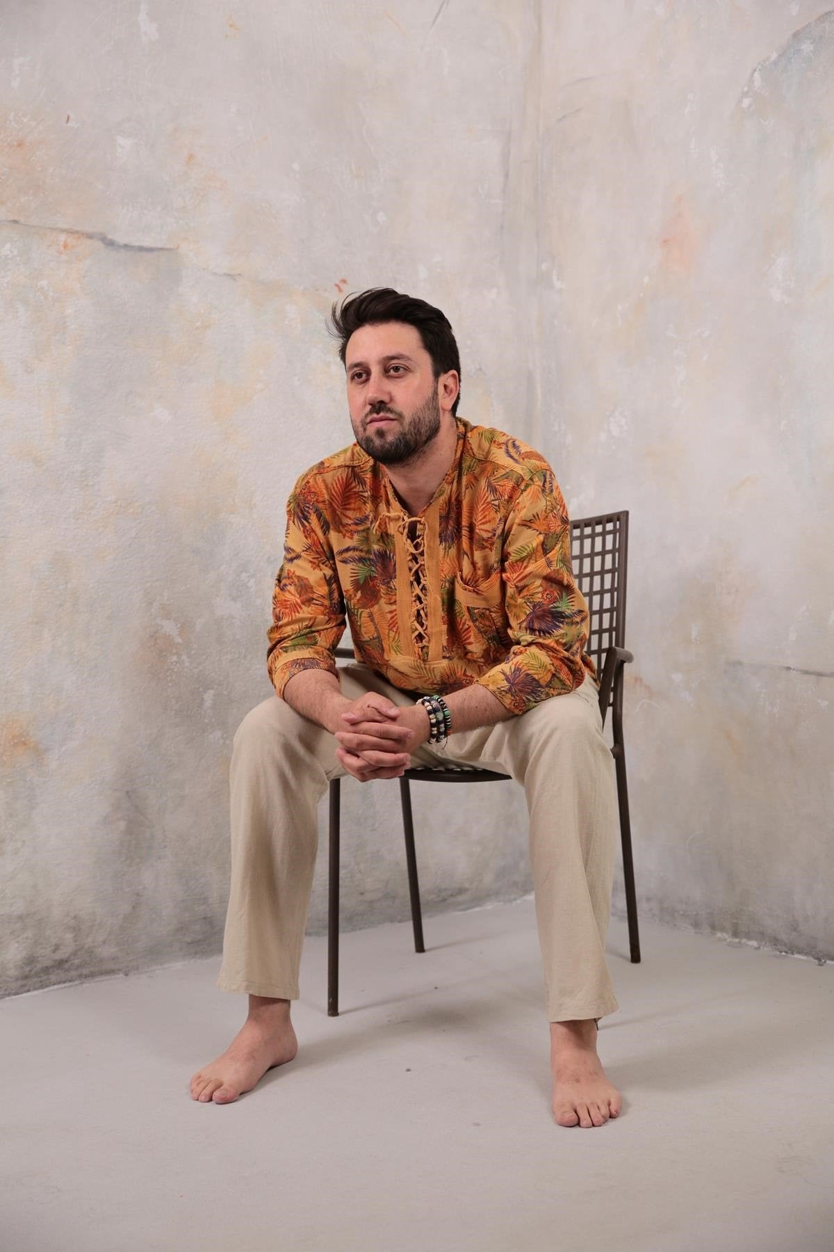 Mustard Patterned Bohemian Men's Shirt with Lace-Up Collar