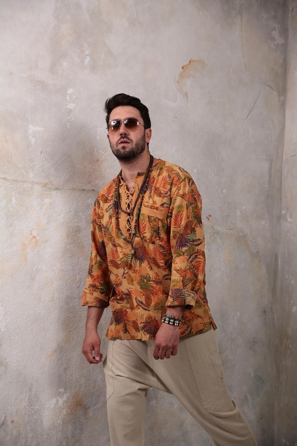 Mustard Patterned Bohemian Men's Shirt with Lace-Up Collar