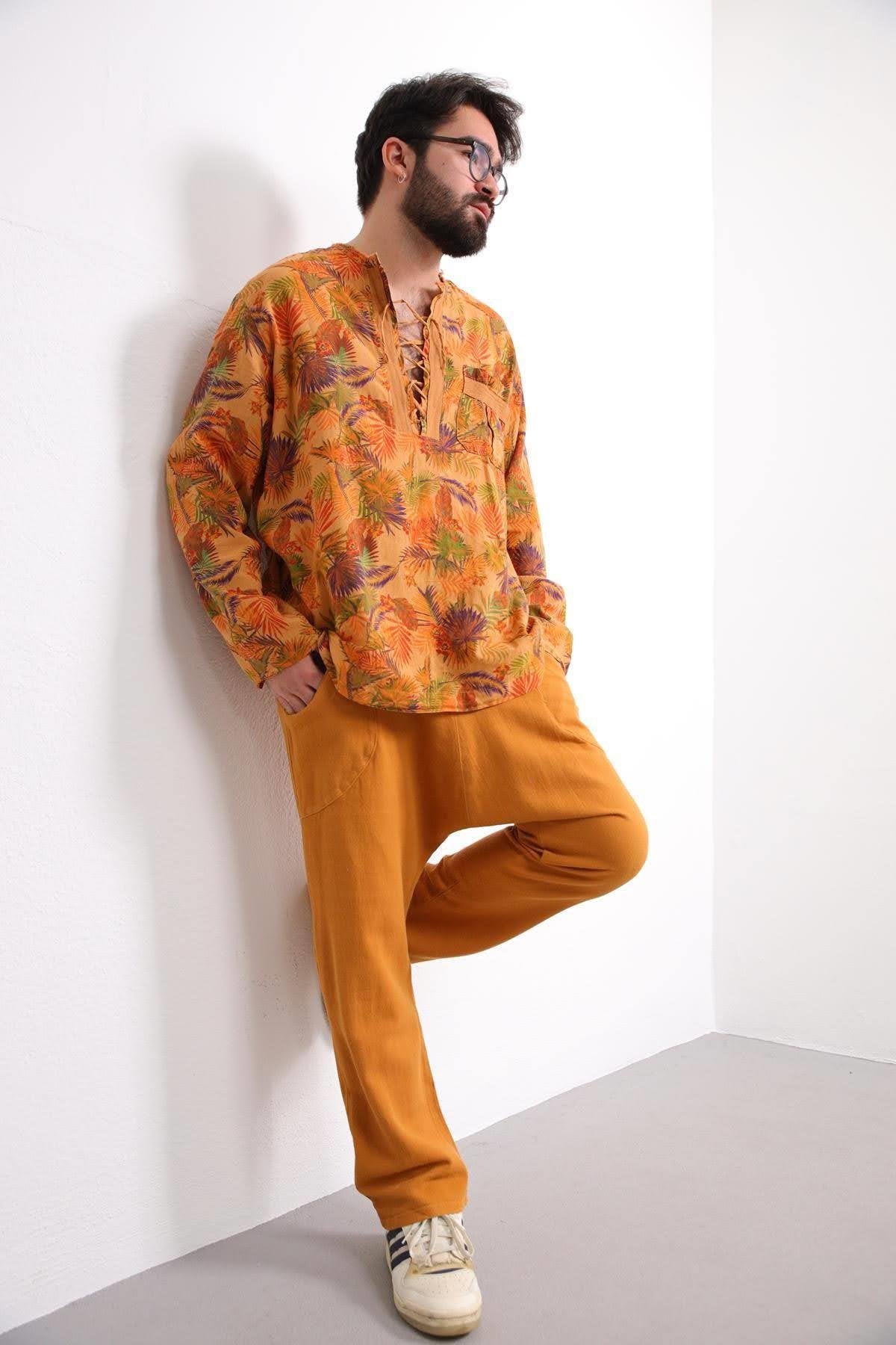 Mustard Patterned Bohemian Men's Shirt with Lace-Up Collar